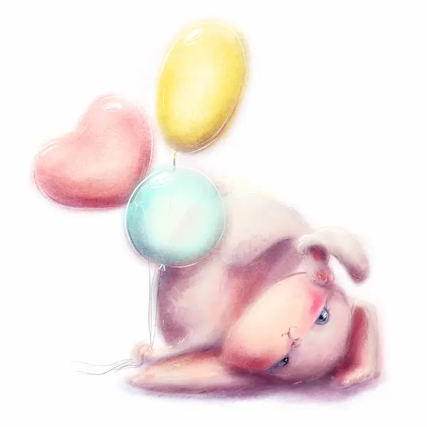 Króliczek Kolorowymi Balonami Uroczy Zając Ilustracja Rysunkowa Królika Białym Tle — Zdjęcie stockowe