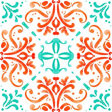 Parlak renklerle soyut suluboya süsü - turuncu, turkuaz. Beyaz bir arka planda kusursuz bir noel deseni. Büyük biçim.