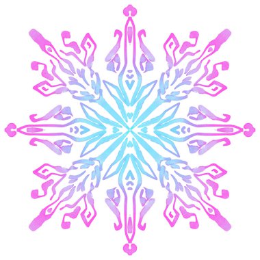 Gradyan Kar Taneleri Noel 'de. Mavi, turkuaz, pembe, mor renkleri olan soyut kış suluboya süsü. Beyaz arka planda buzlu, pürüzsüz bir desen. Büyük biçim.