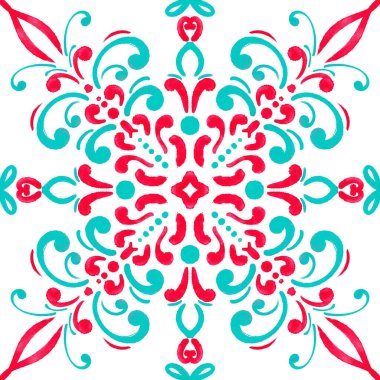 Yılbaşı şablonu tekrarlanıyor. Soyut kış suluboya süsü canlı renklerle - mavi, turkuaz, pembe, kırmızı. Beyaz bir arka planda kusursuz girdap deseni. Büyük biçim.