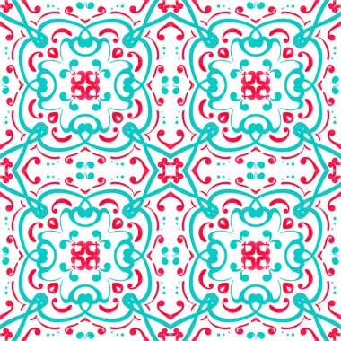 Yılbaşı şablonu tekrarlanıyor. Soyut kış suluboya süsü canlı renklerle - mavi, turkuaz, pembe, kırmızı. Beyaz bir arka planda kusursuz girdap deseni. Büyük biçim.