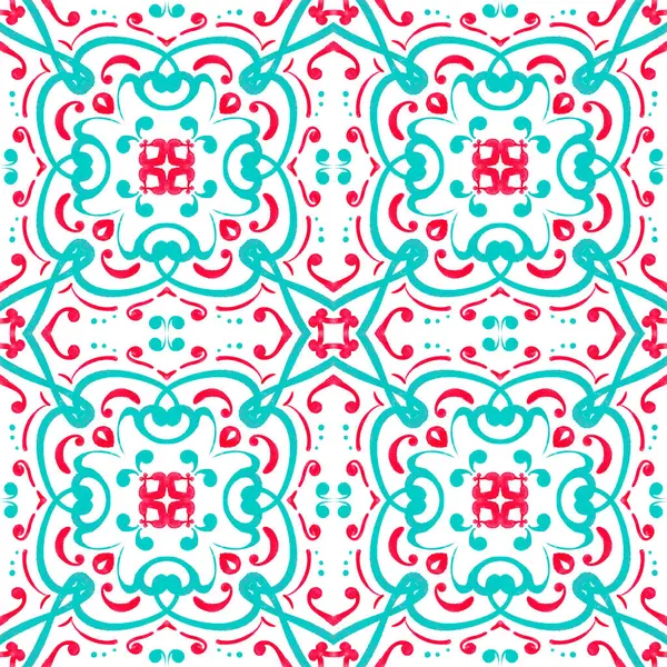 Repeating Christmas New Year Pattern. Abstract winter watercolor tile ornament with vibrant colors - blue, turquoise, pink, red. Seamless swirl pattern on a white background. Large format.