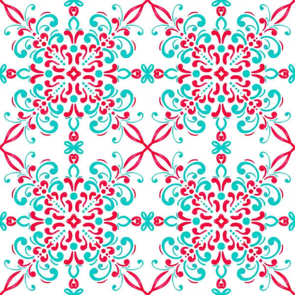 Repeating Christmas New Year Pattern. Abstract winter watercolor tile ornament with vibrant colors - blue, turquoise, pink, red. Seamless swirl pattern on a white background. Large format.