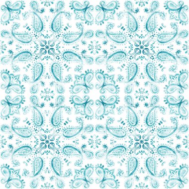 Yılbaşı şablonu tekrarlanıyor. Soyut kış suluboya süsü canlı renklerle - mavi, turkuaz. Beyaz bir arka planda kusursuz girdap deseni. Büyük biçim.