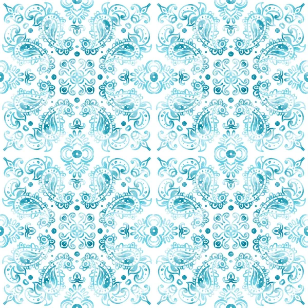 Repeating Christmas New Year Pattern. Abstract winter watercolor tile ornament with vibrant colors - blue, turquoise. Seamless swirl pattern on a white background. Large format.