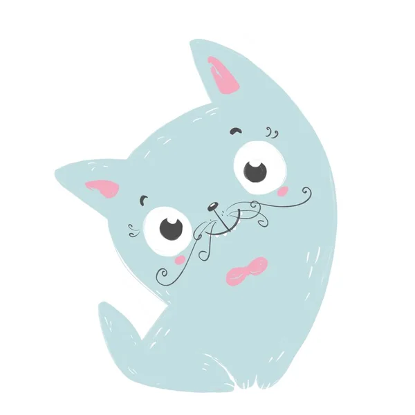 Cheerful Funny Smiling Blue Cat Children Cartoon Illustration Pet White — Stock Photo, Image