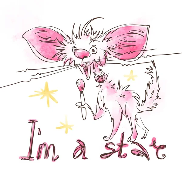 I am a star - funny pink screaming cat with a microphone. Crazy singing pet. Ink and watercolor illustration on a white background.