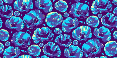 Mavi gelinciklerin kusursuz yinelenen deseni. Narin yapraklı çiçek başları. Yarım damla yazdır.