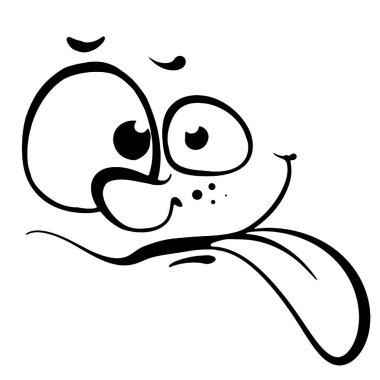 Çılgın mutlu komik yüz izi. Mutluluk duygusunun gülümseyen siyah beyaz çizimi. Gözler, burun, ağız, çıkıntılı dil, gülümseme, neşe. İllüstrasyon, monokrom, özet