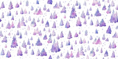 Yarım damla soyut şablonu tekrarla. Kış suluboya kusursuz arkaplan - köknar ağaçları ve kar, tekrarlayan çizimler, boya lekeleri - pembe, mor. Noel, yeni yıl. Orman silueti. Büyük biçim