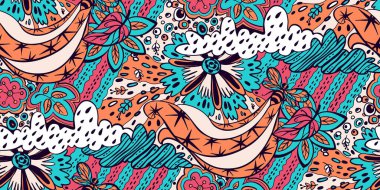 Soyut, pürüzsüz karalama deseni. Arı, çiçek, yaprak, bulut, böcek. Yarım damlasını tekrarlıyorum. Pembe, turuncu, bej, turkuaz, mavi, beyaz