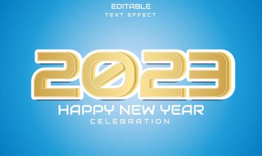 Mutlu yıllar 2023 mesaj efekti. Şenlikli gerçekçi dekorasyon. 2023 partisini mavi bir arkaplanda kutlayalım.