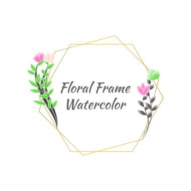 Altın çokgen vektör illüstrasyonlu çiçek çerçeveli suluboya