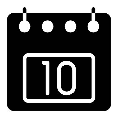 Takvim simgesi, tarih 10 tasarım katı biçim çizimi. Düz dizayn, siyah renk. Web sitesi, uygulama mobil ve yazılım arayüzleri için kullanılabilir