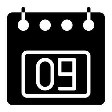 Takvim simgesi, 9. tarih katı biçim çizimi tasarımı. Düz dizayn, siyah renk. Web sitesi arayüzleri, mobil uygulamalar ve yazılımlar için kullanılabilir