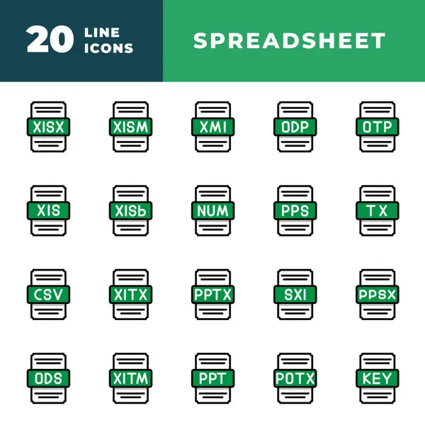 Stock vector File type spreadsheet set. document format files icons with a combination of outline and color.