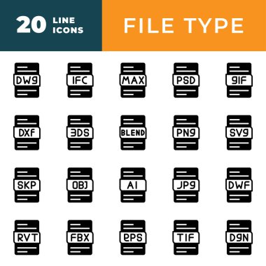 dosya tipi simgeleri ayarlandı. dosya biçimi siyah dolgu tasarımı. Vektör illüstrasyonu