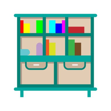 Kütüphane ya da kitaplık simgeleri. düz stil, eğitim için uygun mobilya ve iş sembolü illüstrasyonuyla.