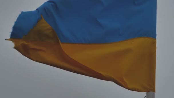 Μια Σκισμένη Ουκρανική Σημαία Κυματίζει Στο Κατάρτι Μια Πολεμική Σημαία — Αρχείο Βίντεο