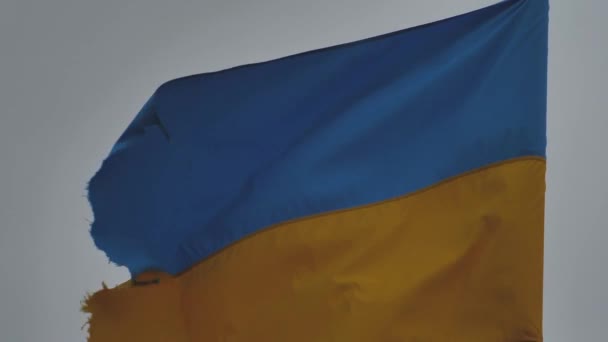 Direkte Yırtık Bir Ukrayna Bayrağı Dalgalanıyor Rüzgarda Dalgalanan Bir Savaş — Stok video