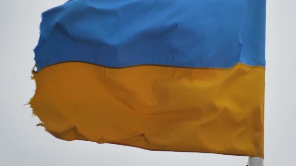 Een Gescheurde Oekraïense Vlag Wappert Mast Een Oorlogsvlag Wappert Wind — Stockvideo