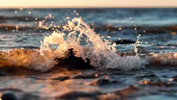 秋天的海水一片漆黑 太平洋的落基海岸 海浪冲刷着岩石 戏剧性日落的性质 — 图库视频影像