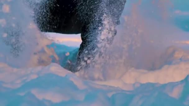 那孩子蹲下 把雪撒在空中 雪地上的慢动作 雪是用手扔的 — 图库视频影像