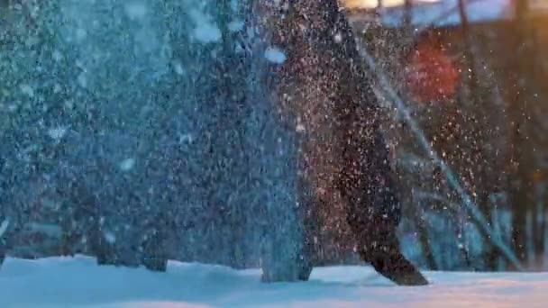 Child Crouches Throws Snow Air Slow Motion Snow Snow Thrown — Stock Video