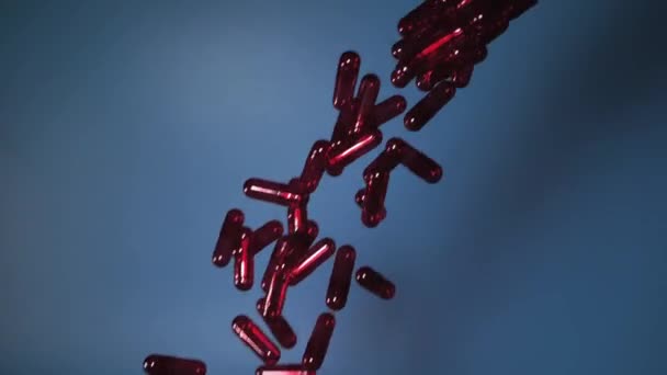 Red Medicine Capsules Falling Blue Background Group Antibiotic Pill Capsules — Vídeos de Stock