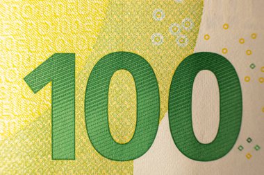 100 Euro 'luk banknot. Avro parası makro yakın plan. Avrupa Birliği 'nin Avro nakitinin yüz avro değerinde bireysel ayrıntıları. Finansal özgürlük kavramı için tasarruf.