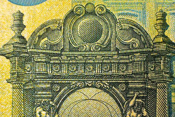 Banknot Sto Euro Makro Zbliżenie Pieniędzy Euro Indywidualne Dane Dotyczące — Zdjęcie stockowe