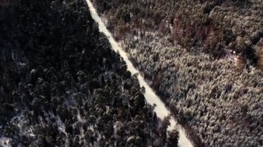Kışın orman yolunda uçan bir dronun hava görüntüsü. Araba karla kaplı bir yolda gidiyor.