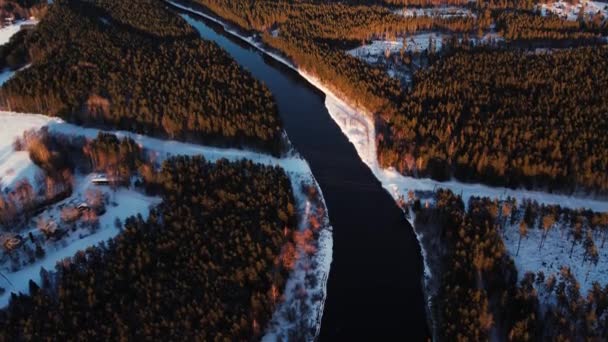 Kręta Rzeka Pobliżu Małego Miasteczka Leśnym Masywem Widok Lotu Ptaka — Wideo stockowe