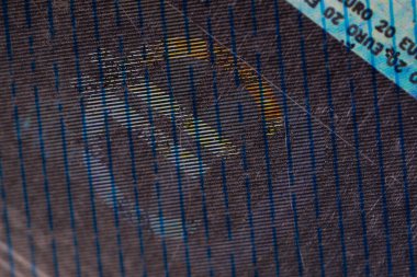 20 Euro 'luk banknot. Avro parası makro yakın plan. Avrupa Birliği 'nin 20 avroluk nominal değeri olan avro nakdi hakkında ayrı bilgi. Finansal özgürlük kavramı için tasarruf.