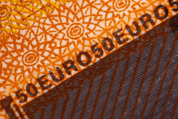Banknot Euro Pięćdziesiąt Makro Zbliżenie Pieniędzy Euro Oddzielne Informacje Euro — Zdjęcie stockowe