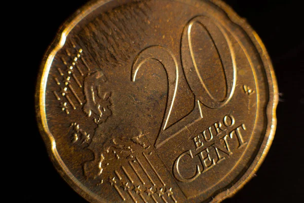 Detailní Záběr Dvacetidolarové Euromince Detailní Záběr Dvaceti Euromincí Stole Euromince — Stock fotografie