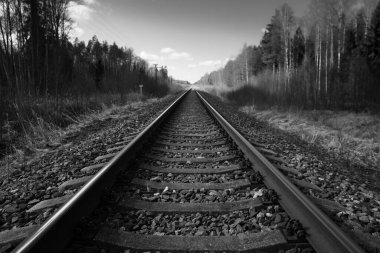 Tren için tren rayları. Kırsal bir bölgede demiryolu rayları. Demiryolu ile sanayi manzarası. İlkbaharda eski demiryolu. Köyde demiryolu olan eski bir demiryolu..