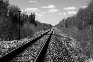 Tren için tren rayları. Kırsal bir bölgede demiryolu rayları. Demiryolu ile sanayi manzarası. İlkbaharda eski demiryolu. Köyde demiryolu olan eski bir demiryolu..