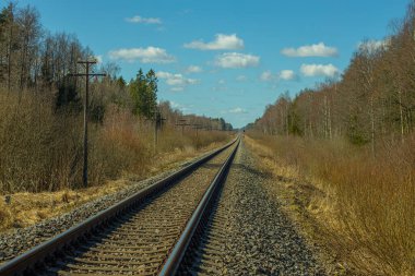 Tren için tren rayları. Kırsal bir bölgede demiryolu rayları. Demiryolu ile sanayi manzarası. İlkbaharda eski demiryolu. Köyde demiryolu olan eski bir demiryolu..