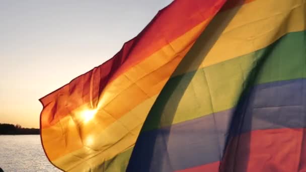 Lgbt Bayrağı Gölün Kenarında Günbatımı Arka Planında Lgbt Gay Gurur — Stok video