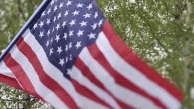 Amerikan bayrağı rüzgarda dalgalanıyor. Bayrak güzel yeşil ağaçların arka planında dalgalanıyor. Seçici yumuşak odak.
