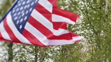 Amerikan bayrağı rüzgarda dalgalanıyor. Bayrak güzel yeşil ağaçların arka planında dalgalanıyor. Seçici yumuşak odak.
