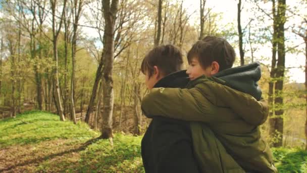 哥哥把小弟弟抱在怀里 弟弟坐在哥哥的背上 男孩们在森林里散步 软性选择性重点 — 图库视频影像