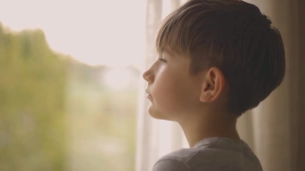 小さな男の子が窓のそばに立っている 少年は窓から手を振っている 家庭での育児 家で一人子 — ストック動画