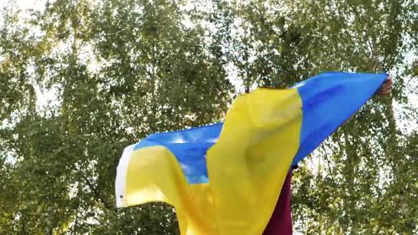 Een Vrouw Juicht Met Een Oekraïense Vlag Haar Rug Vreugdevolle — Stockvideo
