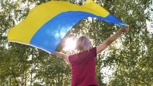 Woman Cheers Ukrainian Flag Her Back Joyful Woman Holding Flag — Stock Video