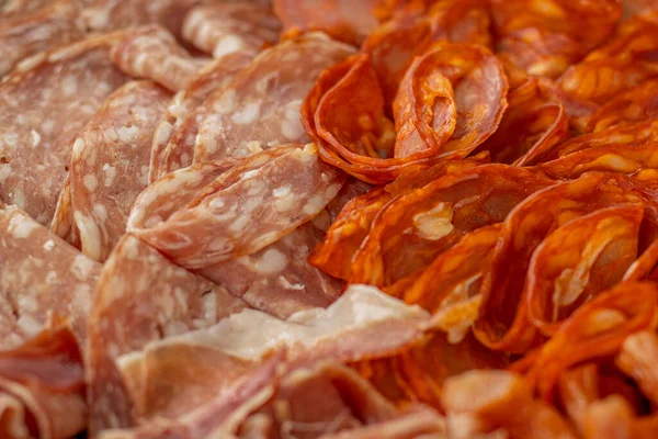 Homemade Salami Chorizo Other Cured Sausages Dried Sausages Cut Thin — Stock Photo, Image