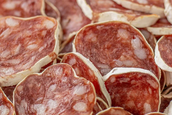 Stock image Homemade salami, chorizo and other cured sausages. Dried sausages cut into thin slices