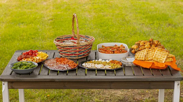 Çeşitli atıştırmalıklarla piknik masası. Peynirli ve etli tatlı ve tuzlu atıştırmalıklar