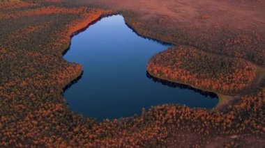 Gün batımında İHA 'dan göl. Letonya bataklık gölünde gün batımında. Güzel göl Purezer